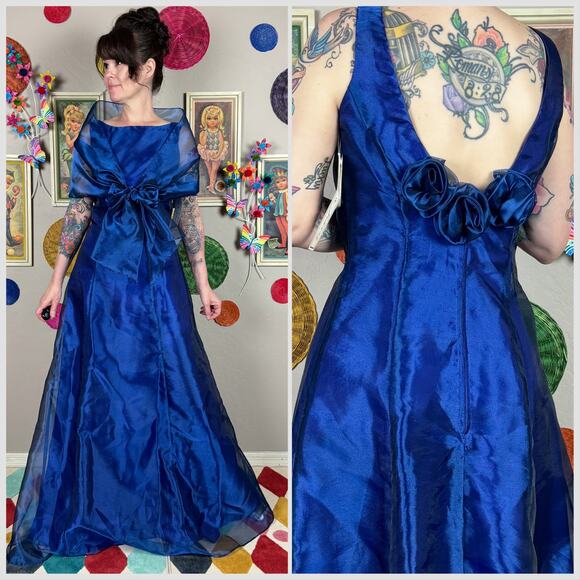 Vintage 1980s Royal Blue Organza Sleeveless Prom Gown With Wrap - Picture 1 of 8